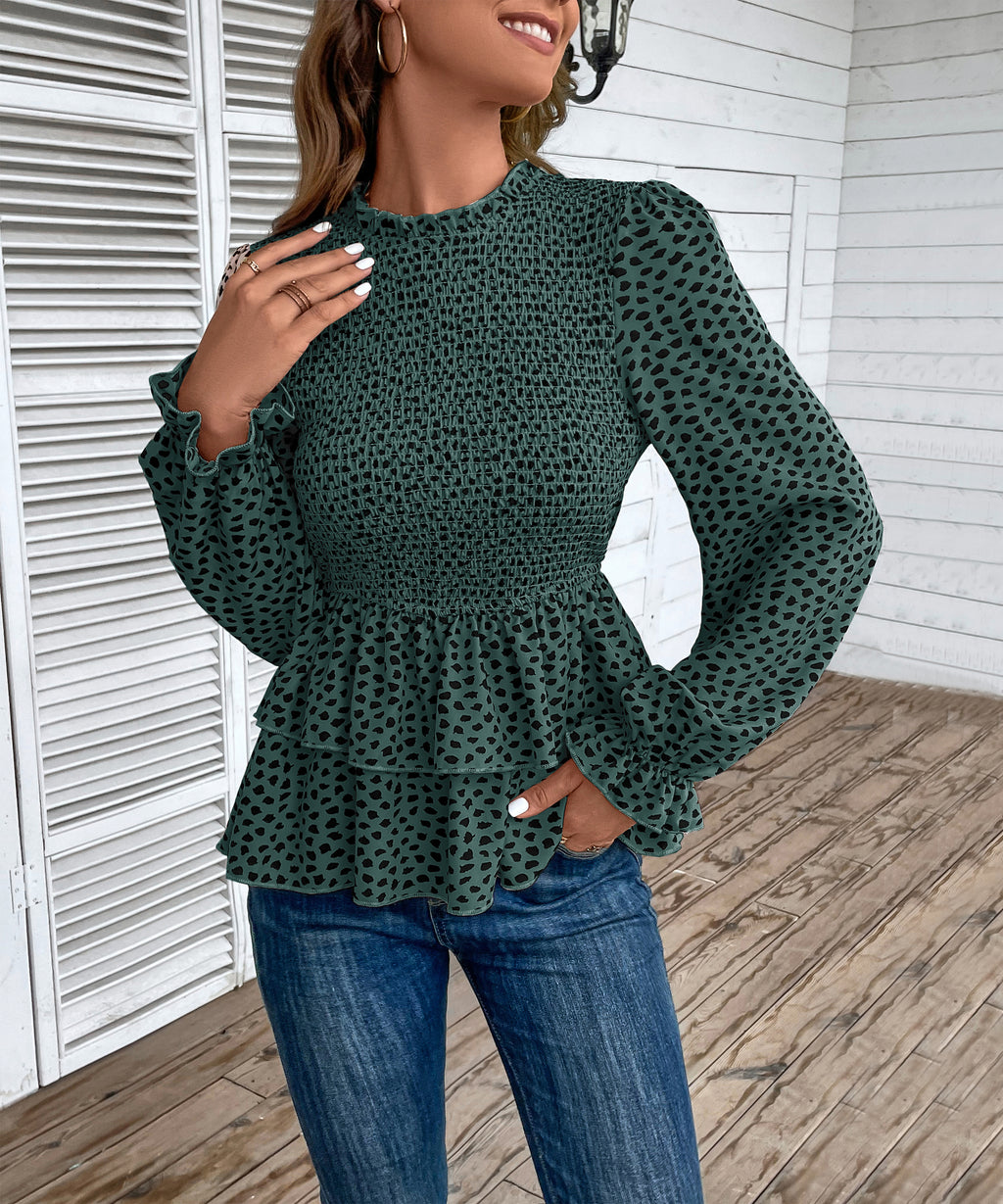 Autumn Women Clothing Mid Collar Printed Long Sleeve Shirt