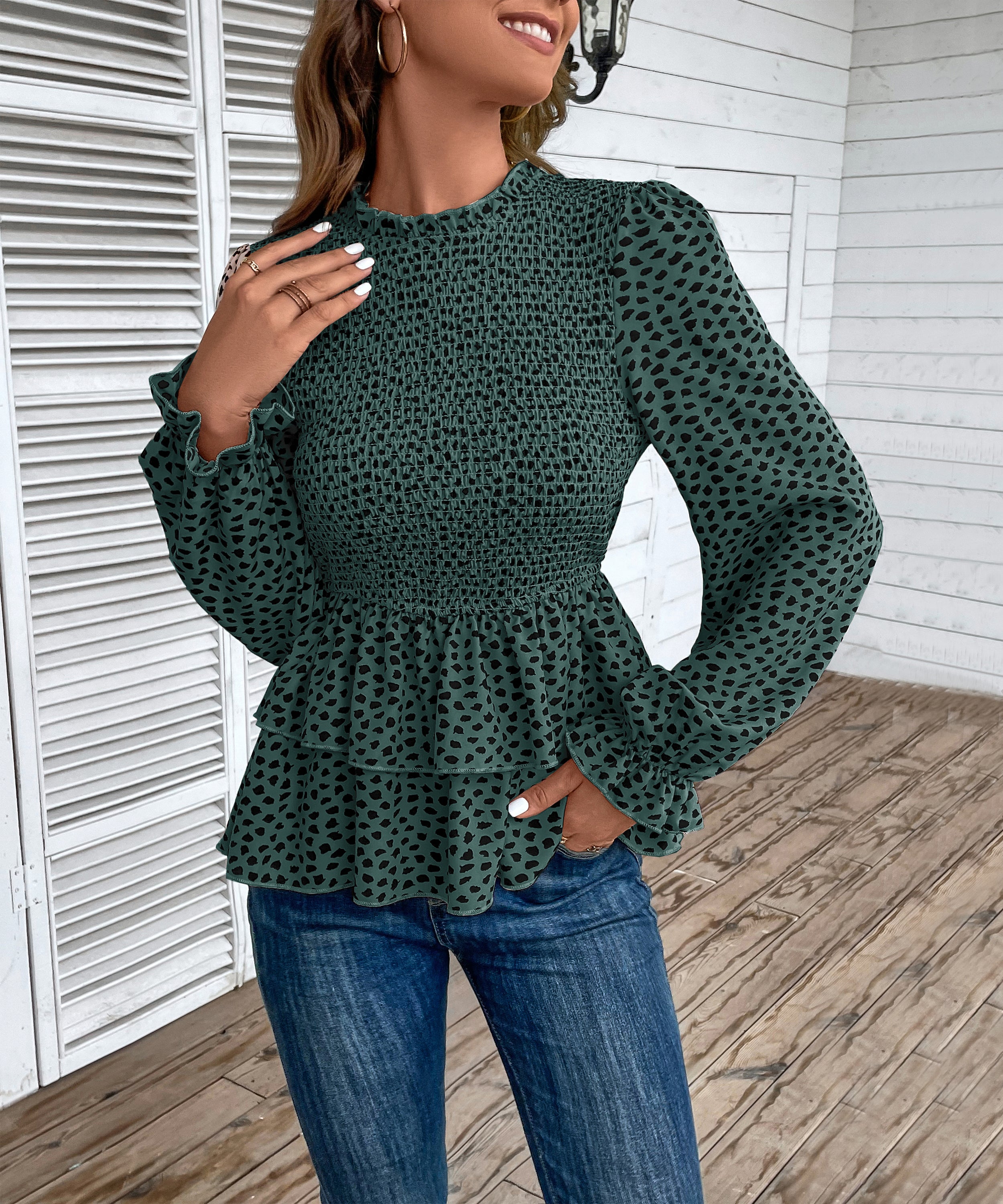 Autumn Women Clothing Mid Collar Printed Long Sleeve Shirt