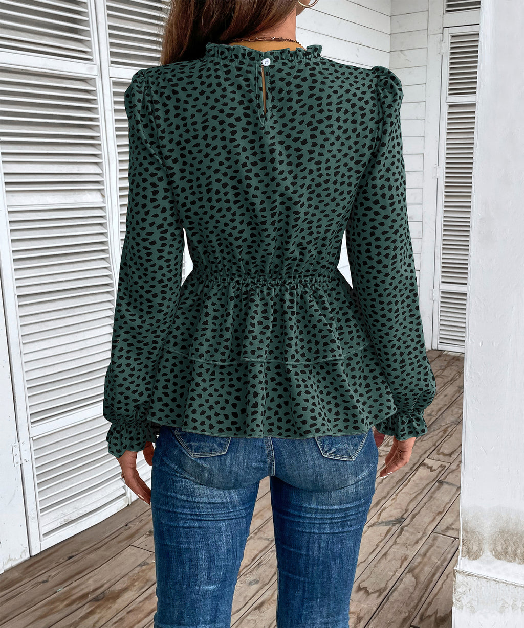 Autumn Women Clothing Mid Collar Printed Long Sleeve Shirt
