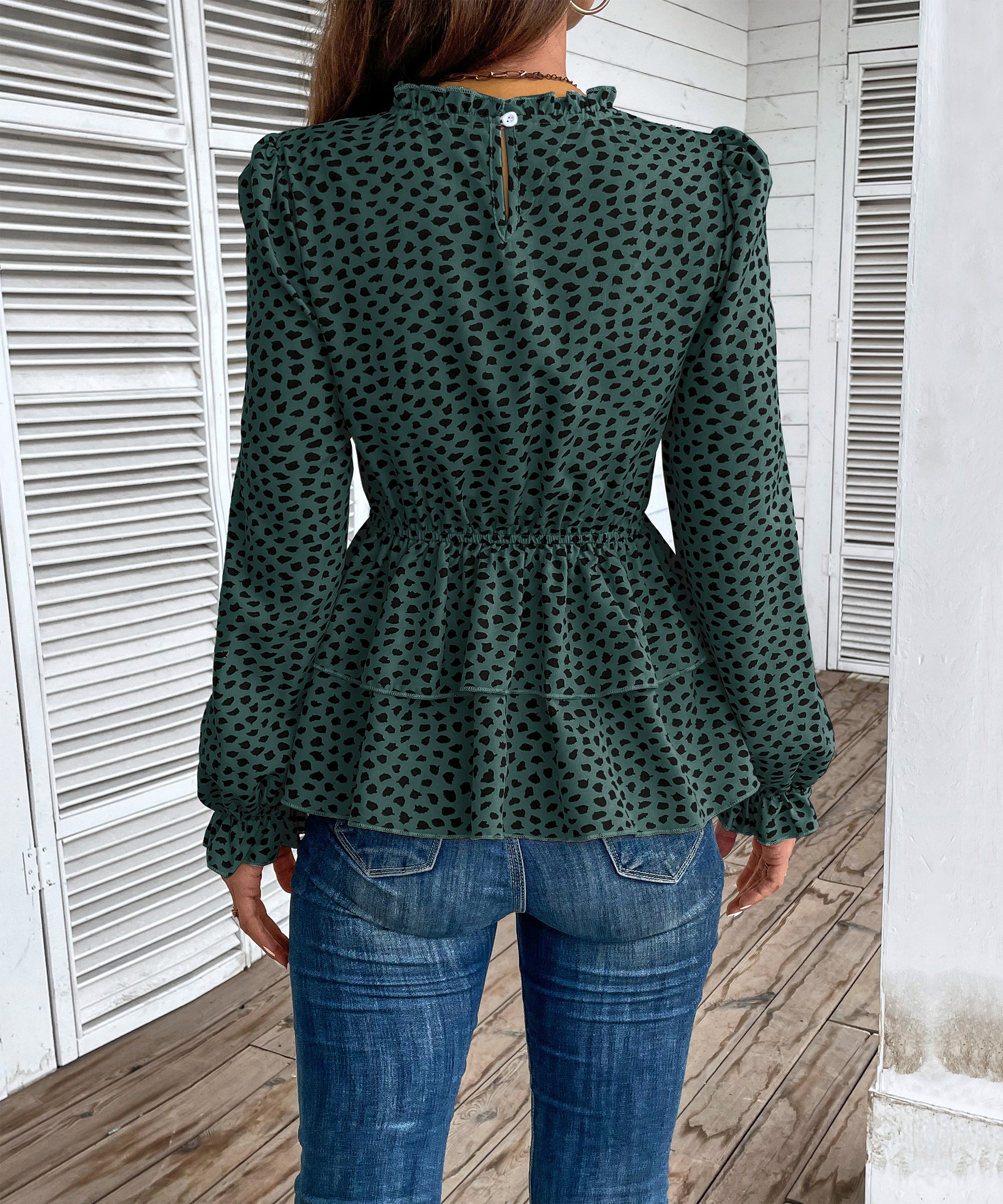 Autumn Women Clothing Mid Collar Printed Long Sleeve Shirt