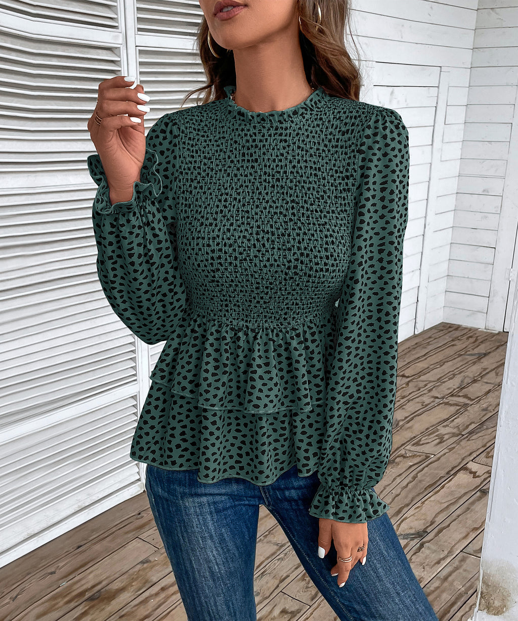 Autumn Women Clothing Mid Collar Printed Long Sleeve Shirt