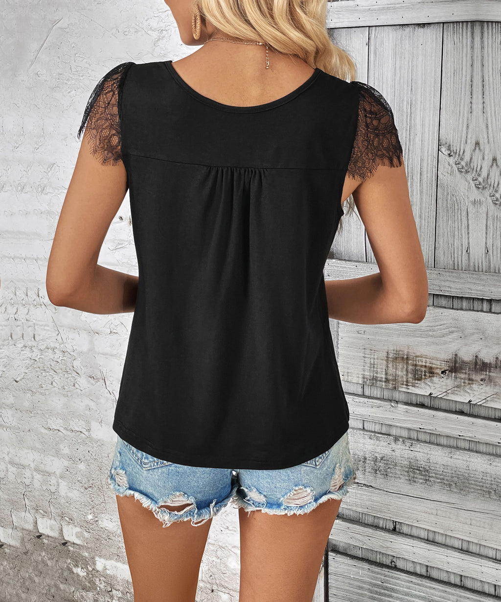 Summer Women Wear Short Sleeve Black French Top