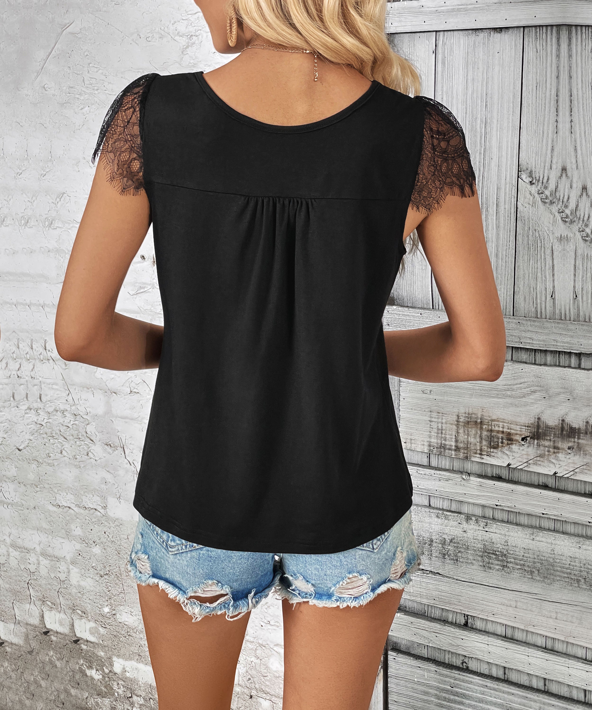 Summer Women Wear Short Sleeve Black French Top