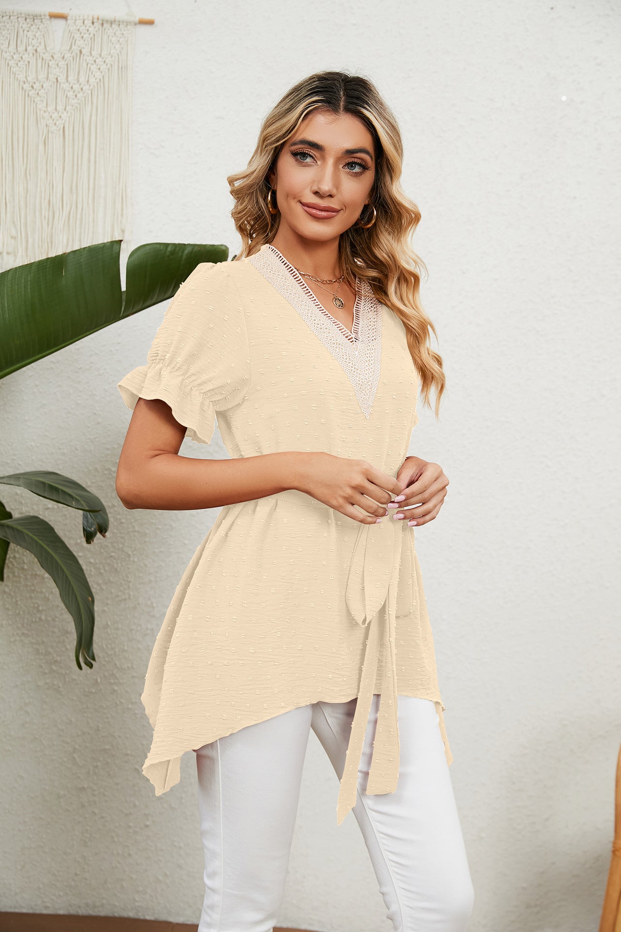 Spring Summer Solid Color Jacquard V Neck Loose Lace Up Chiffon Blouses Women