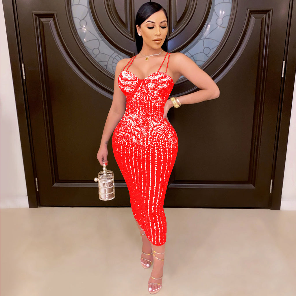Women Wear Nightclub Sexy Mesh See through Rhinestone Strap Dress