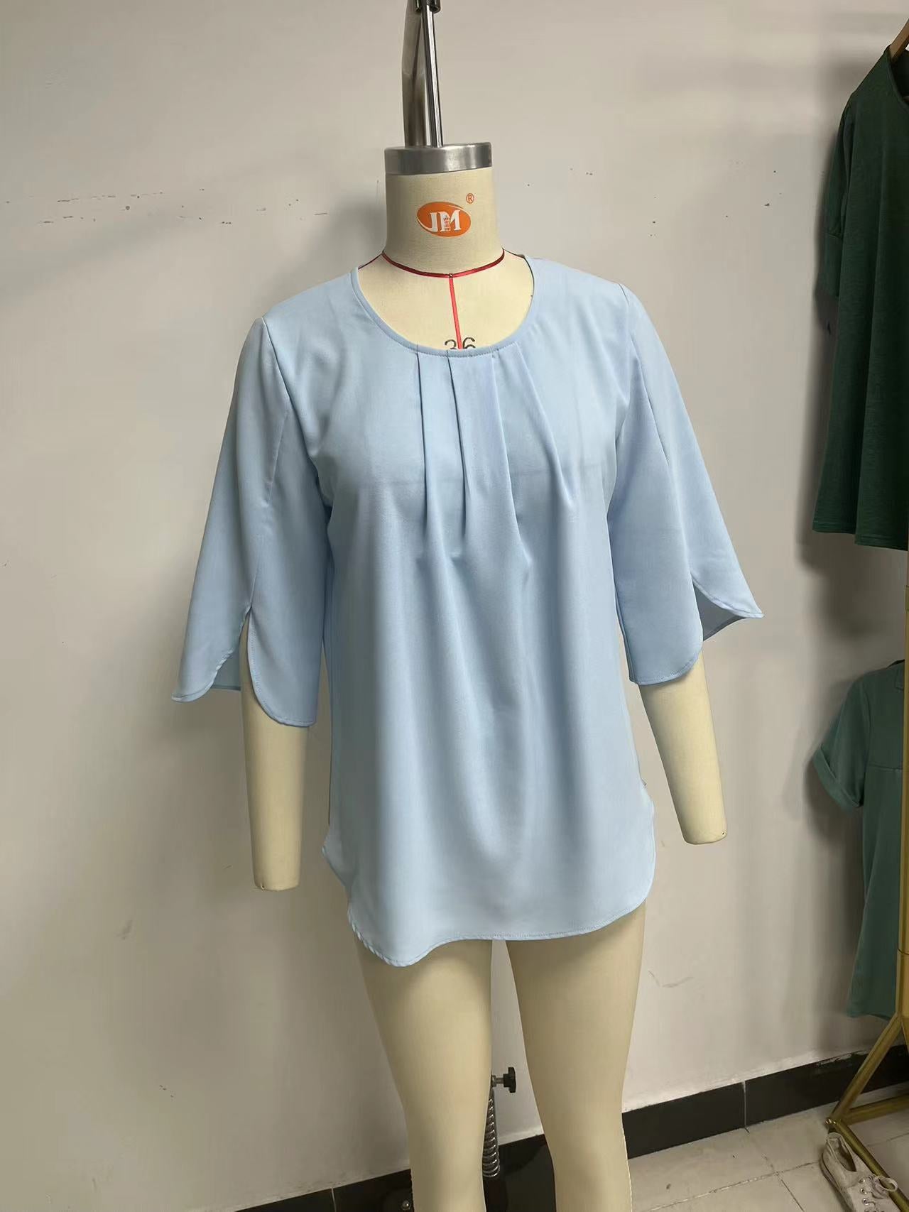 Solid Color round Neck Half Sleeve Short Sleeve Loose Chiffon Shirt Top for Women