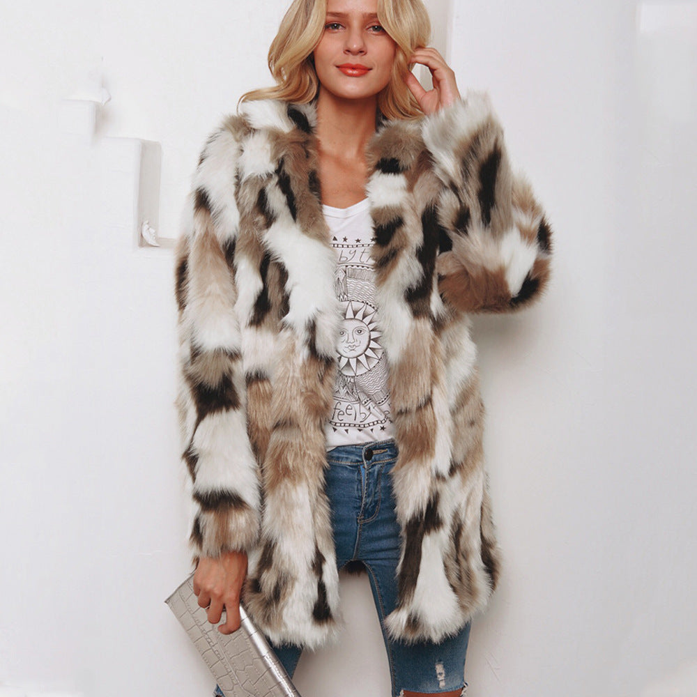 Tailored Collar Mixed Color Faux Fur Coat Women Coat Long Sleeve Fall Winter Coat