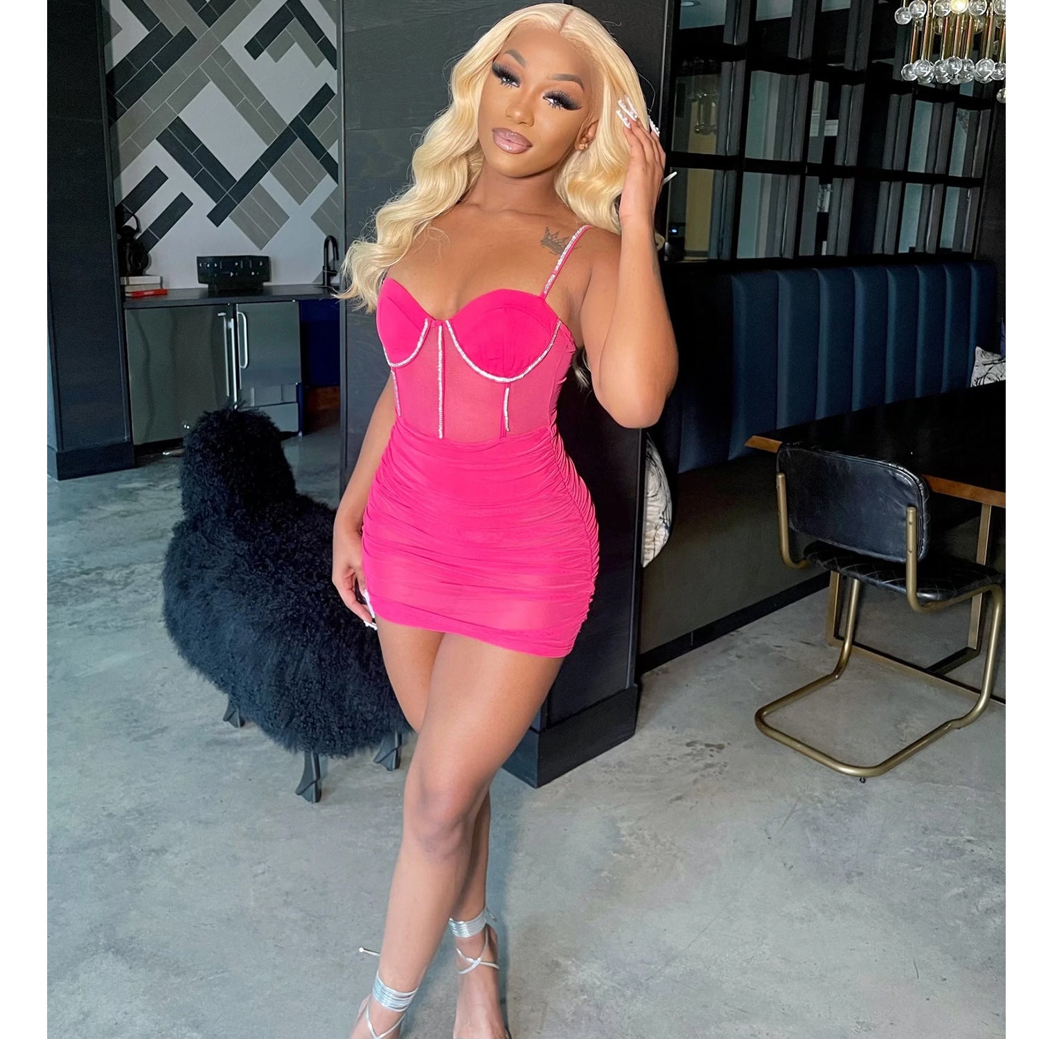 Summer Women Clothing Sexy Tight Mesh See through Diamond Embedded Pleated Cami Dress