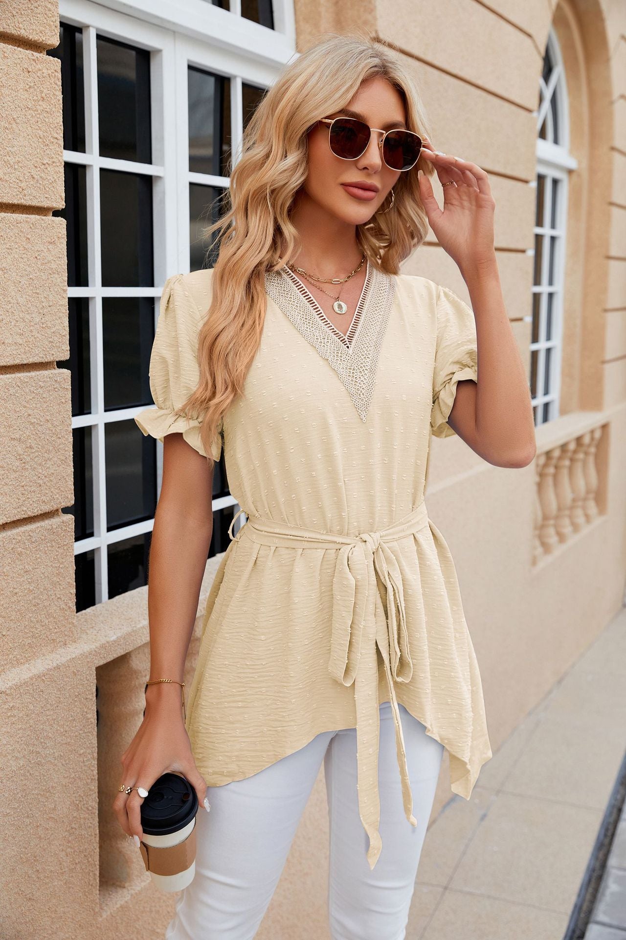 Spring Summer Solid Color V-neck Lace Stitching Loose Short Sleeve Dress