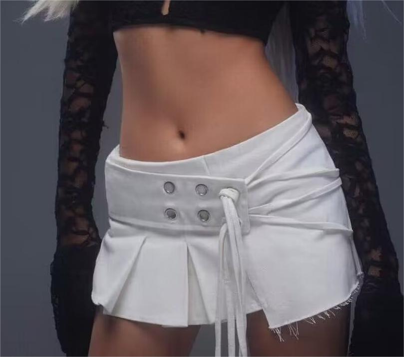 Girl's Sexy Double Belt Love Metal Buckle Pleated Skirt Summer Pleated Anti-Exposure A- line Skirt