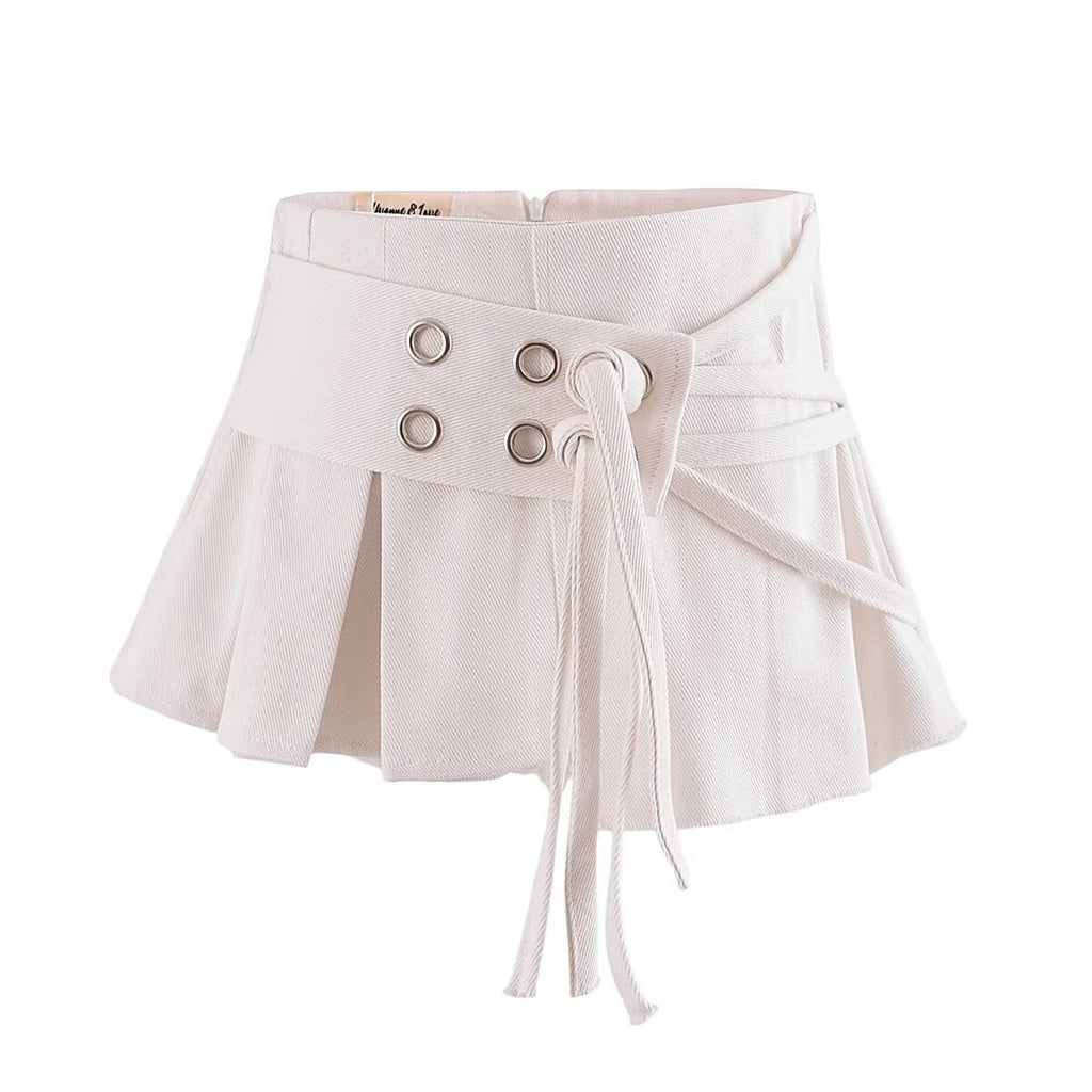 Girl's Sexy Double Belt Love Metal Buckle Pleated Skirt Summer Pleated Anti-Exposure A- line Skirt