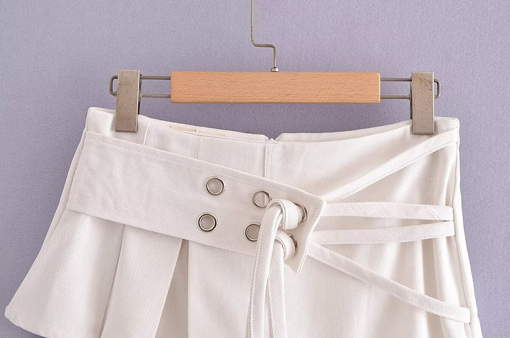 Girl's Sexy Double Belt Love Metal Buckle Pleated Skirt Summer Pleated Anti-Exposure A- line Skirt