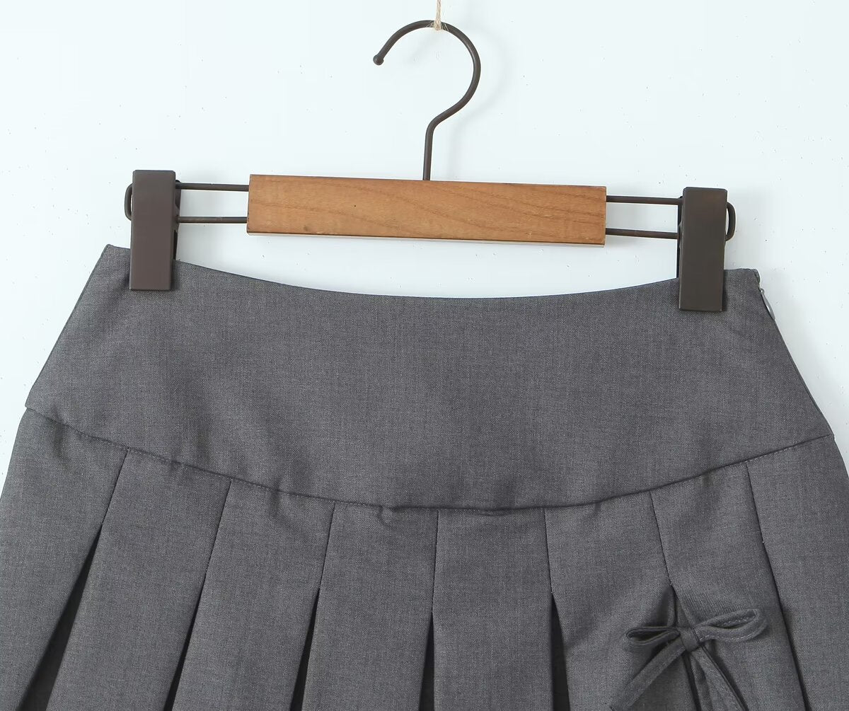 Summer Bow Preppy Skirt High Waist Short Pantskirt A Line Slimming Pleated Skirt