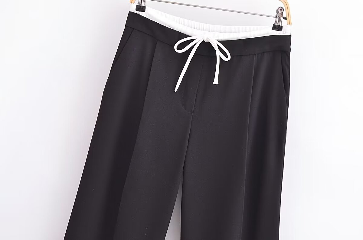 Autumn Women Clothing Office Casual Drawstring Sports Wide Legs Trousers Stitching Design Pants