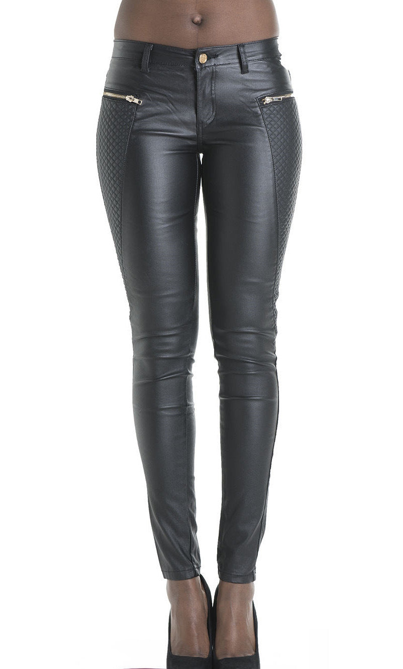 Fall Winter Popular Black Low Waist Coating Denim Skinny Pants Faux Leather Pants