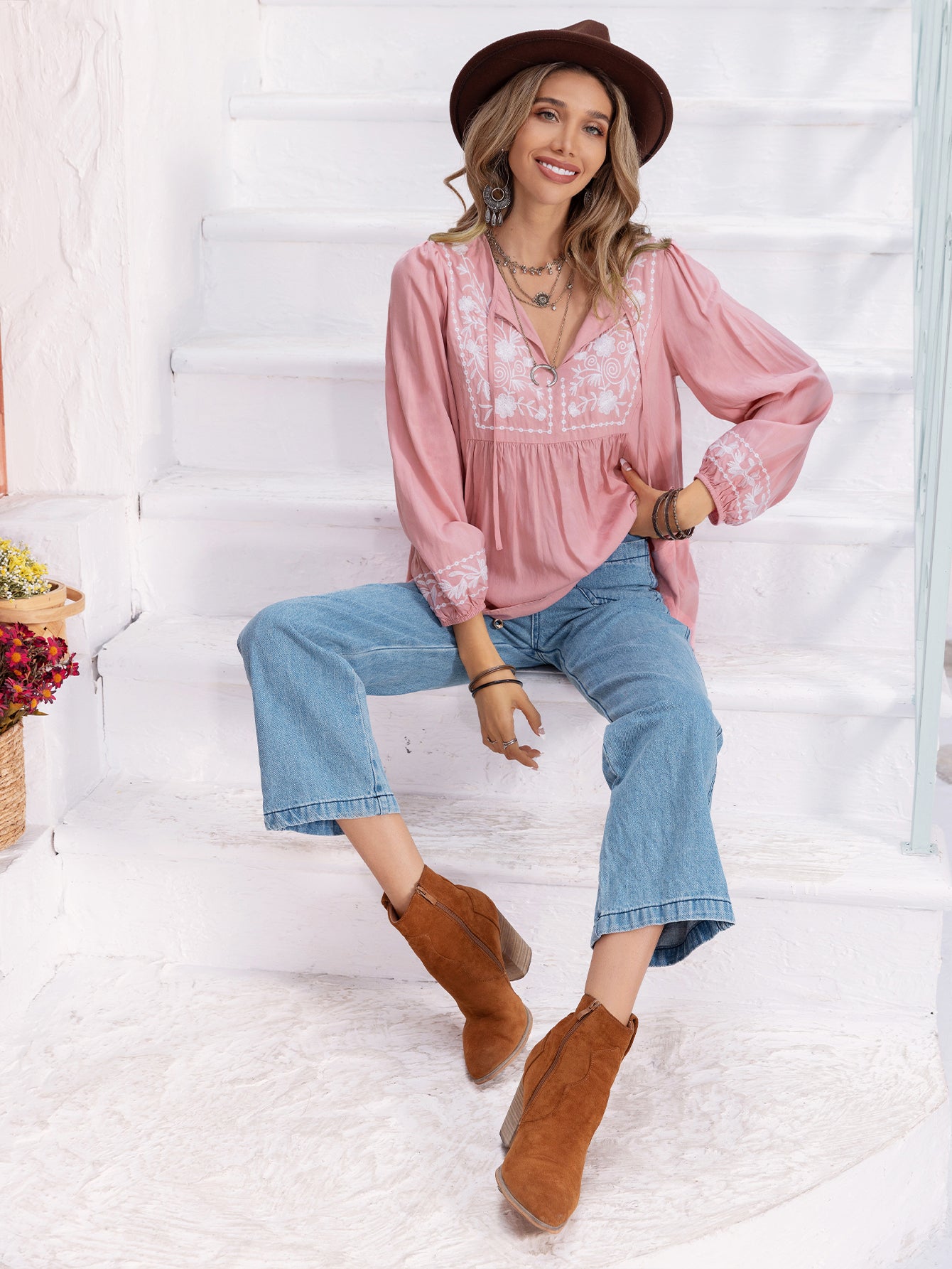 Sweet Embroidered Lantern Nine Quarter Sleeve Women Top