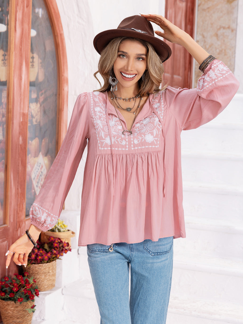Sweet Embroidered Lantern Nine Quarter Sleeve Women Top