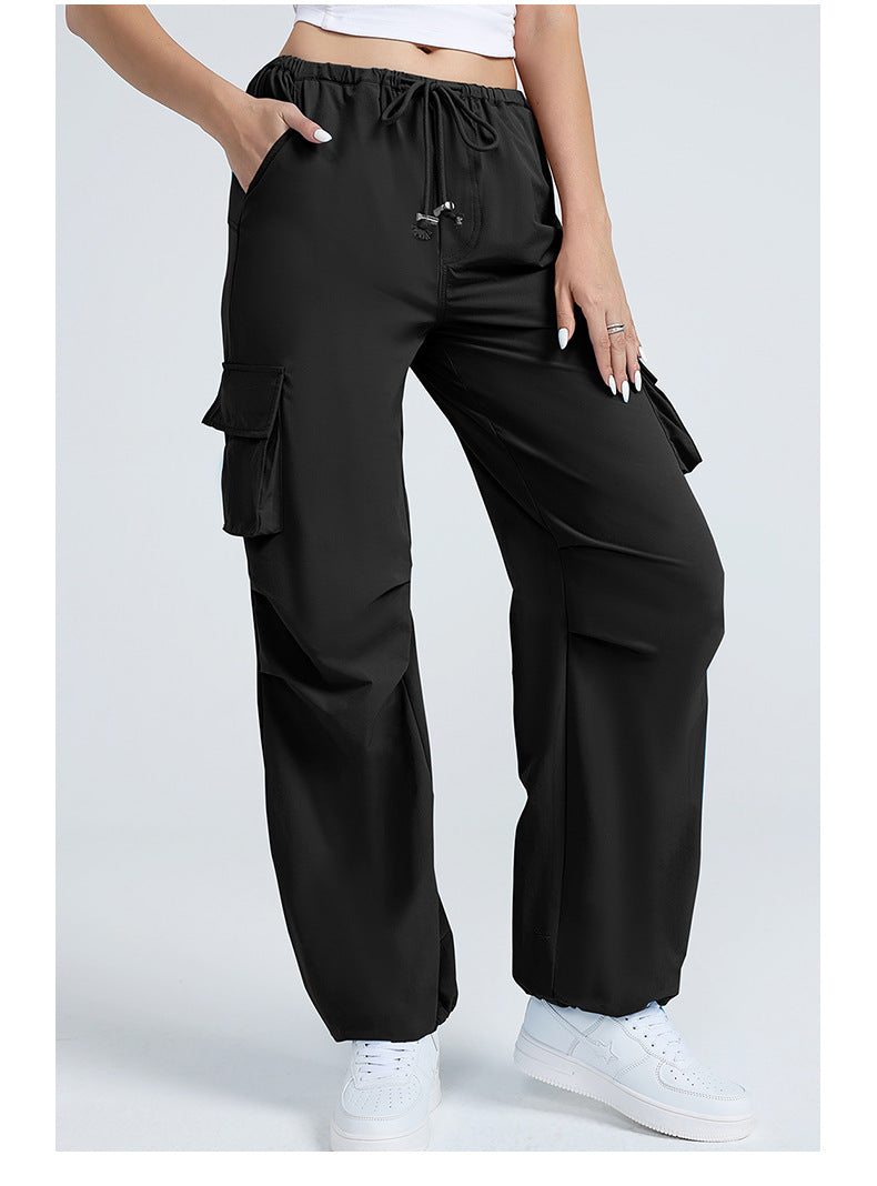 Retro Straight Wide Leg Pants Women Autumn Solid Color Multi Pocket Loose Baggy Trousers Casual Working Pants