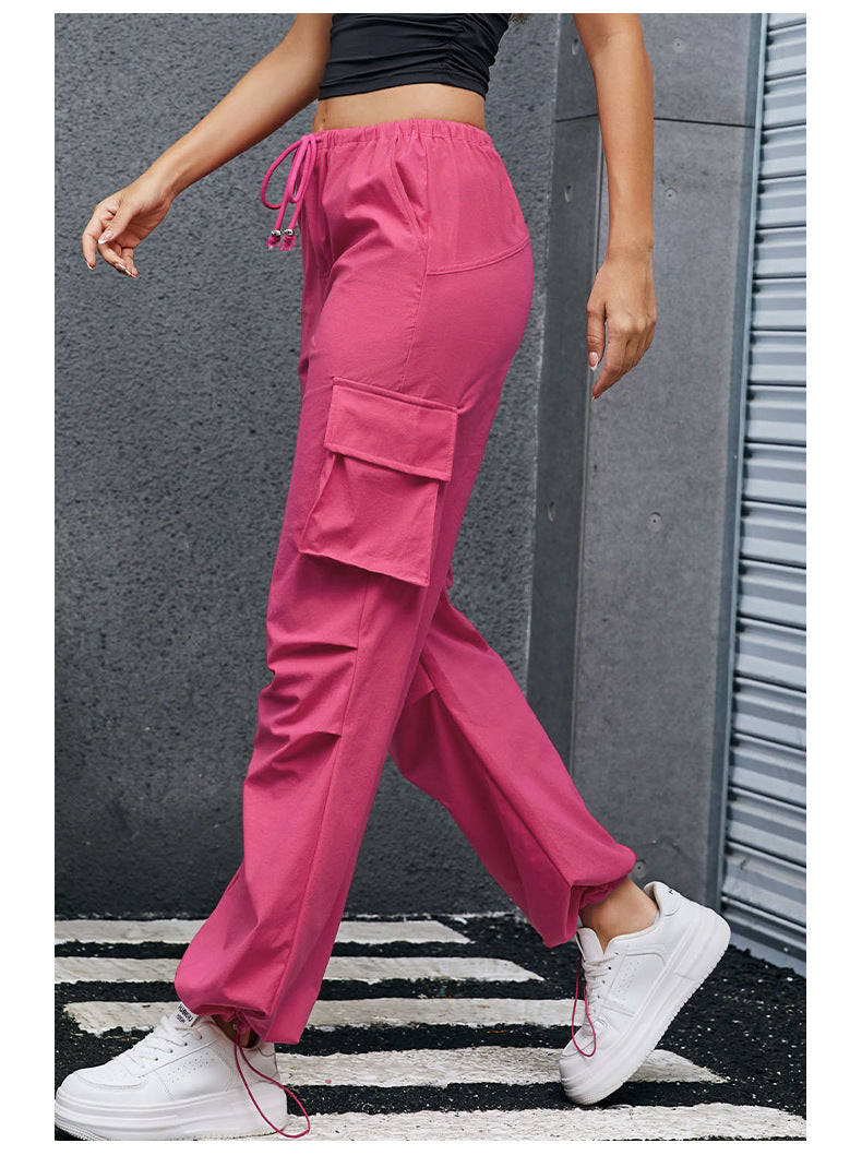 Retro Straight Wide Leg Pants Women Autumn Solid Color Multi Pocket Loose Baggy Trousers Casual Working Pants