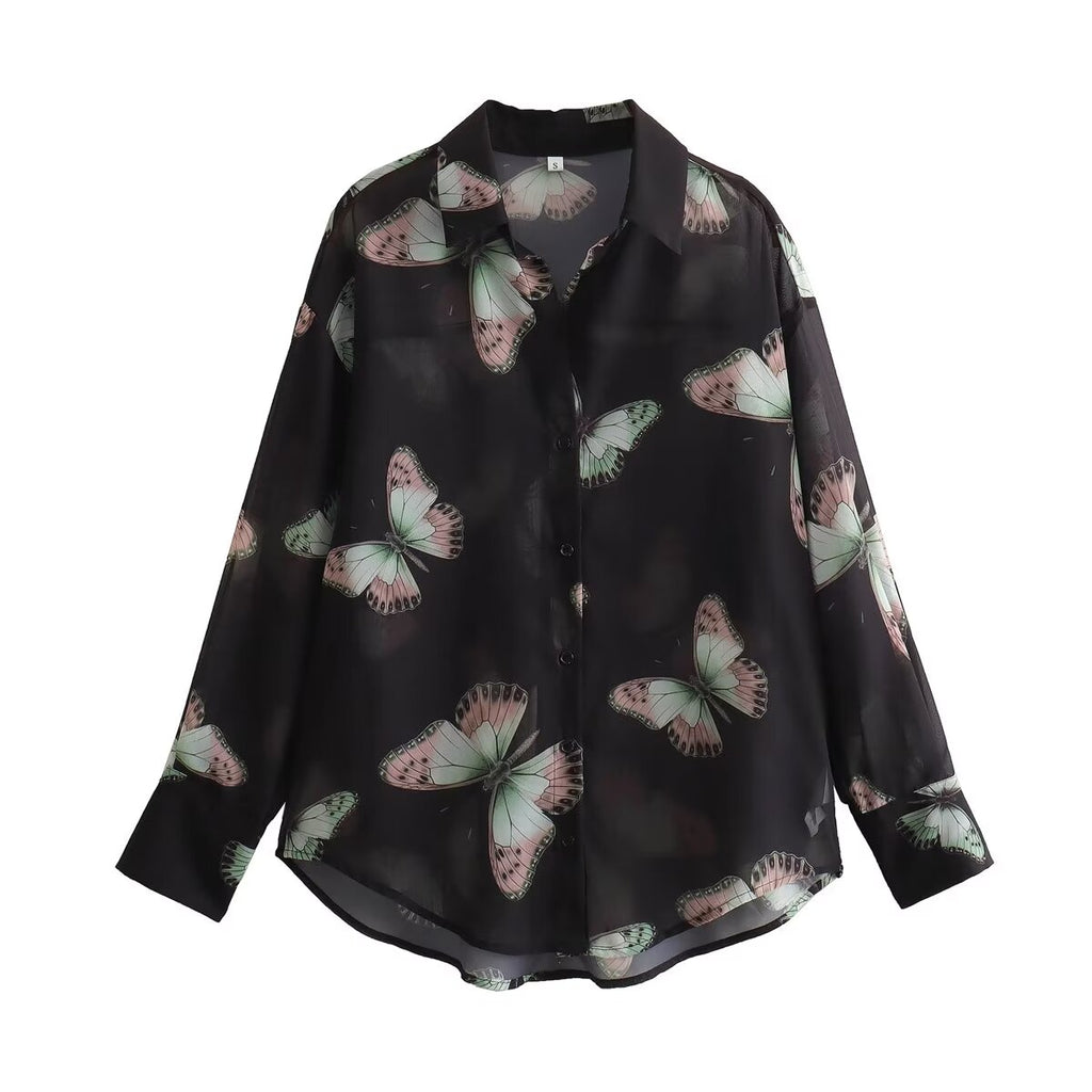 Women Clothing French All Match Butterfly Printed Chiffon Loose Casual Shirt
