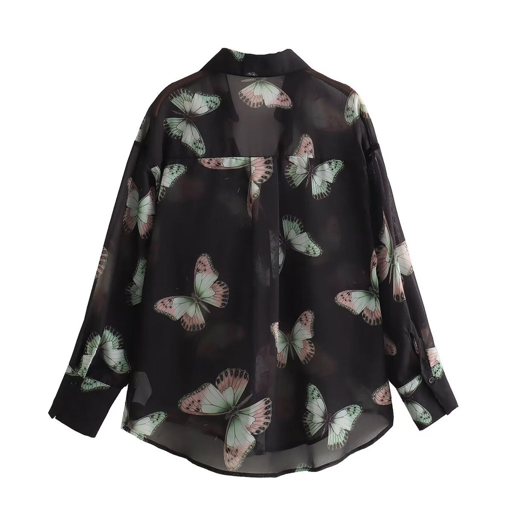 Women Clothing French All Match Butterfly Printed Chiffon Loose Casual Shirt