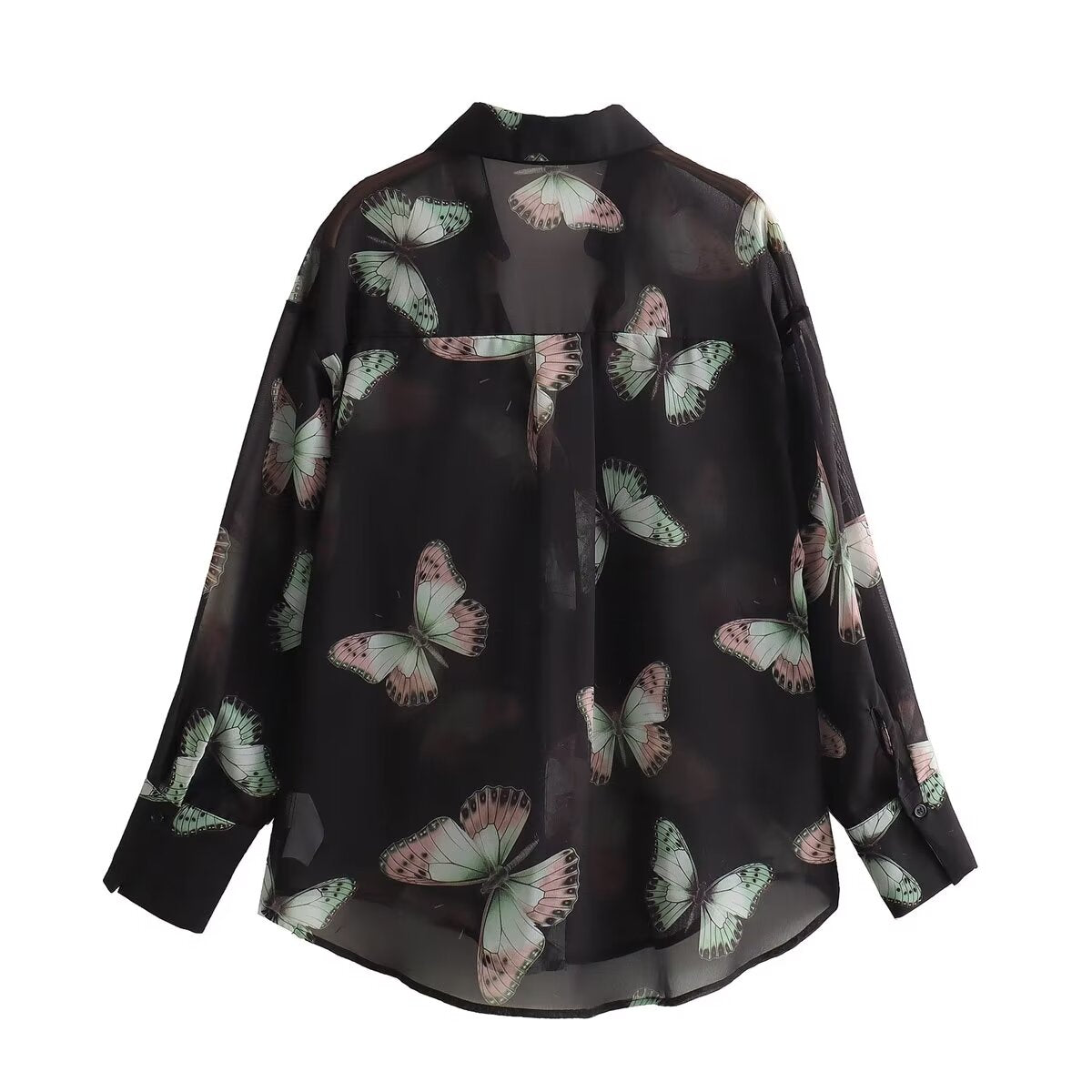 Women Clothing French All Match Butterfly Printed Chiffon Loose Casual Shirt