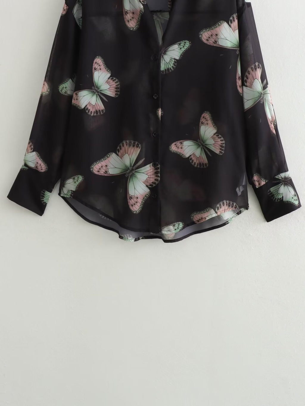 Women Clothing French All Match Butterfly Printed Chiffon Loose Casual Shirt