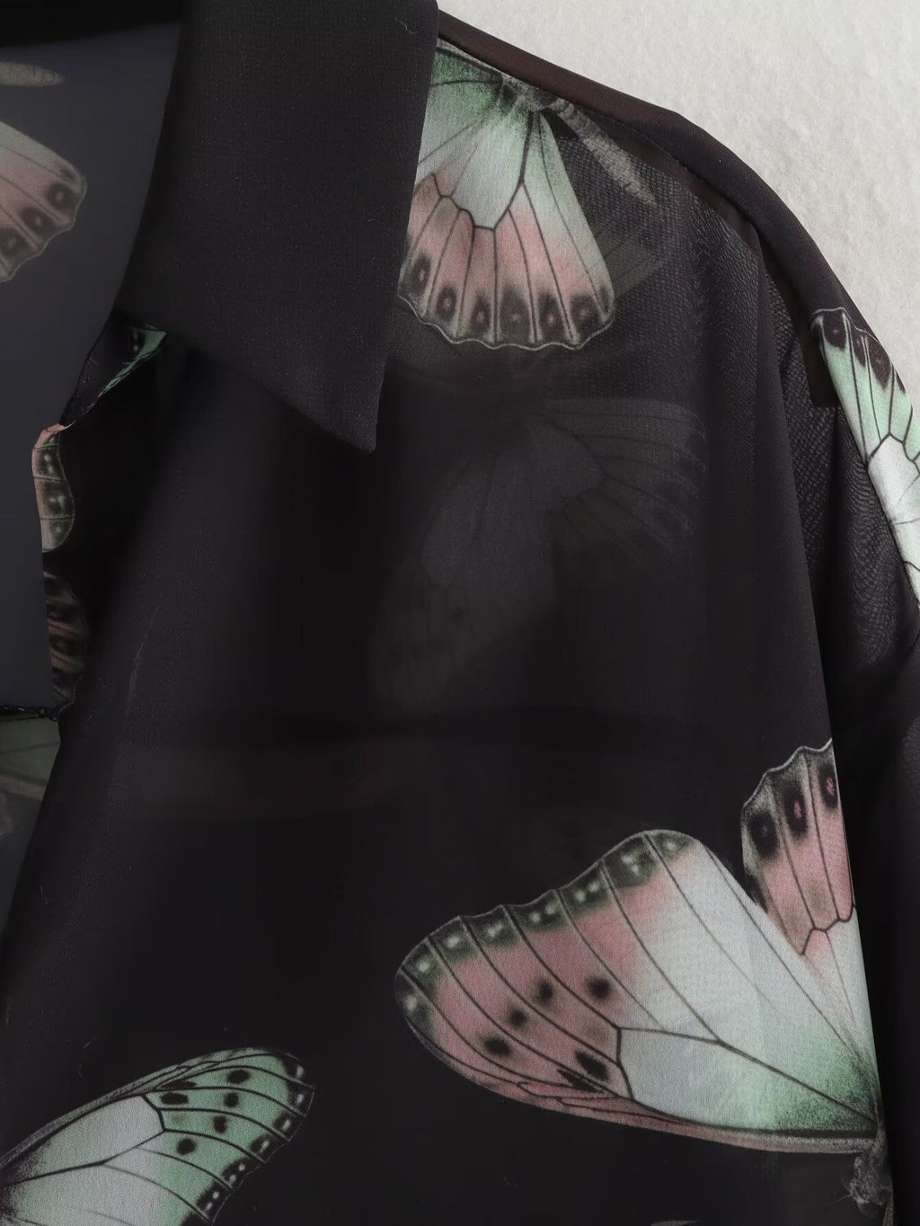 Women Clothing French All Match Butterfly Printed Chiffon Loose Casual Shirt