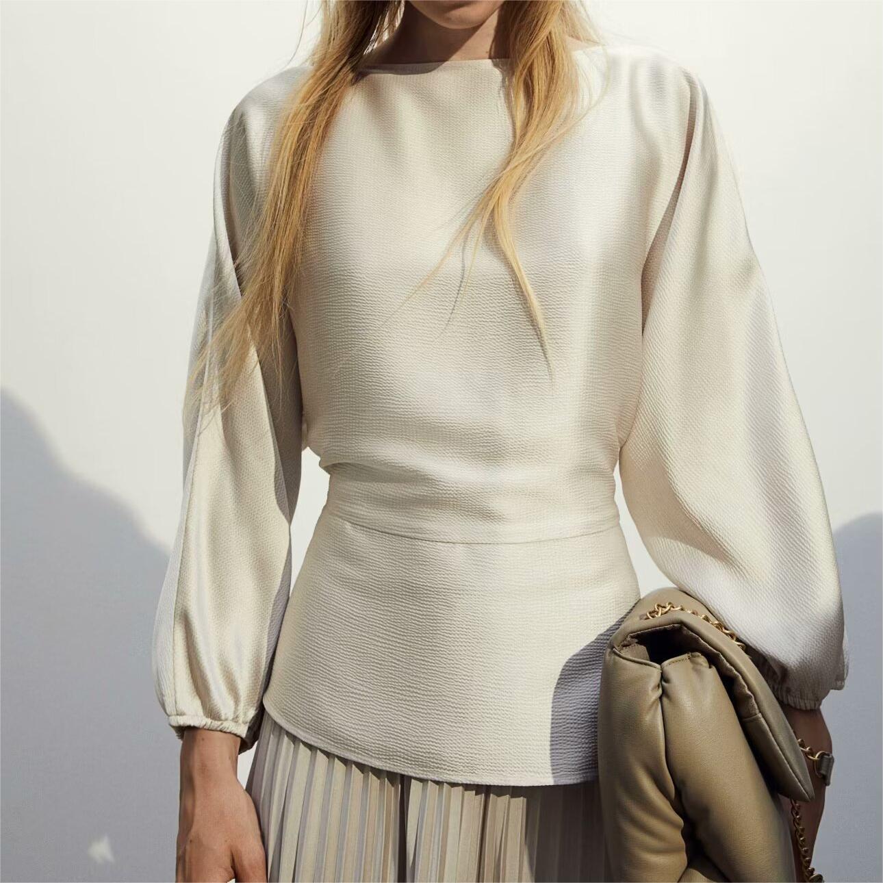 Winter Women Clothing Fashionable All Matching Loose Puff Sleeves Long Sleeve Solid Color Top