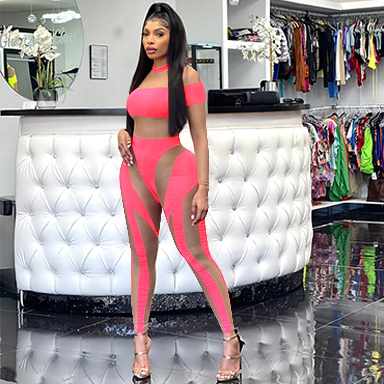 Sexy Nightclub Skinny Mesh Sheer Long Sleeve Trousers Jumpsuit Women Clothing