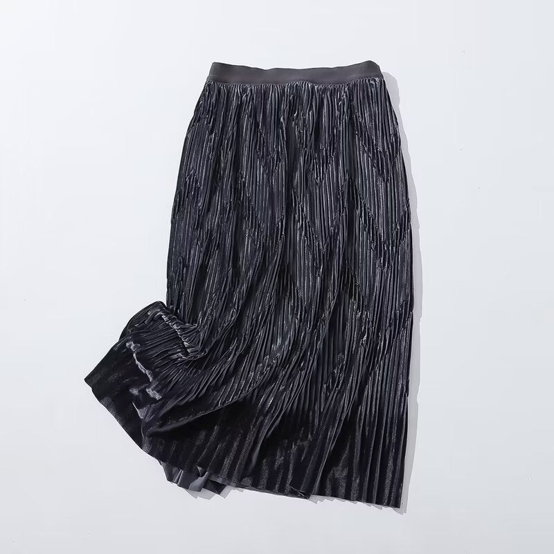 Winter Mid Length Elastic Waist Skirt Women Woolen Pleated Skirt