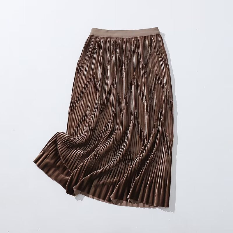 Winter Mid Length Elastic Waist Skirt Women Woolen Pleated Skirt