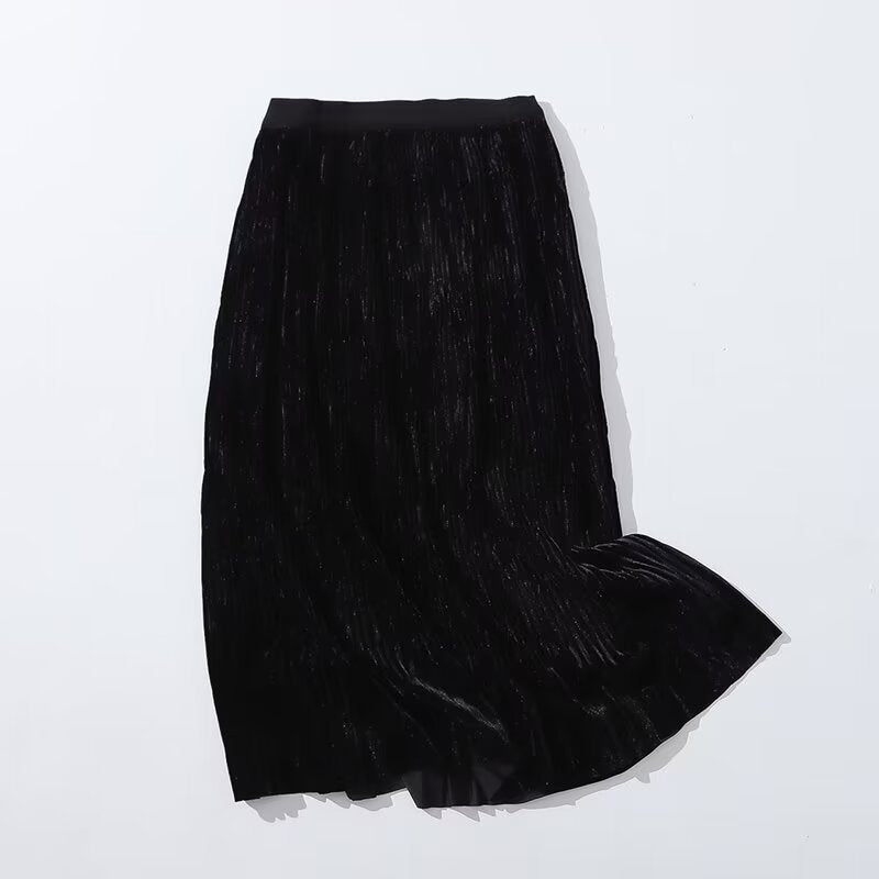 Winter Mid Length Elastic Waist Skirt Women Woolen Pleated Skirt