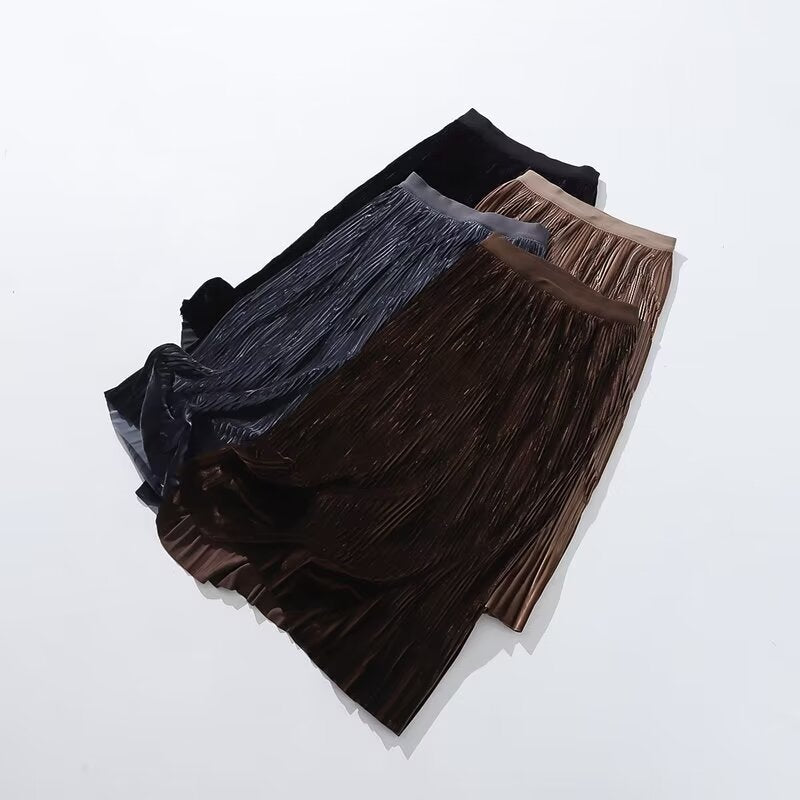 Winter Mid Length Elastic Waist Skirt Women Woolen Pleated Skirt