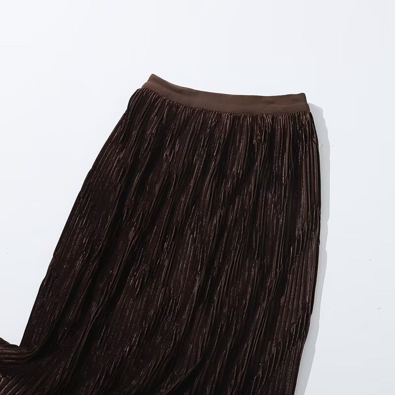 Winter Mid Length Elastic Waist Skirt Women Woolen Pleated Skirt