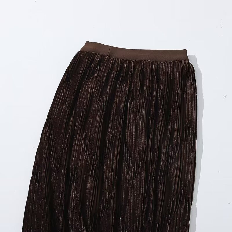 Winter Mid Length Elastic Waist Skirt Women Woolen Pleated Skirt