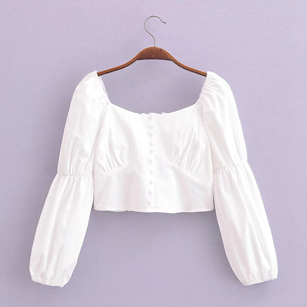 Spring Women Cotton Back Elastic off Shoulder Long Sleeve Shirt