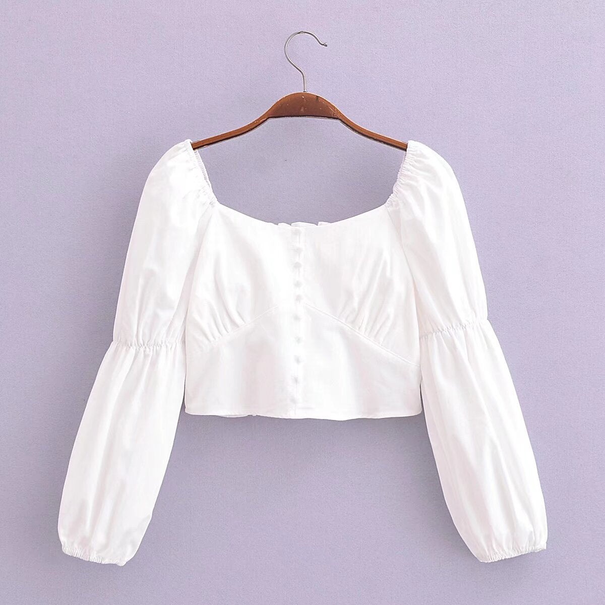 Spring Women Cotton Back Elastic off Shoulder Long Sleeve Shirt