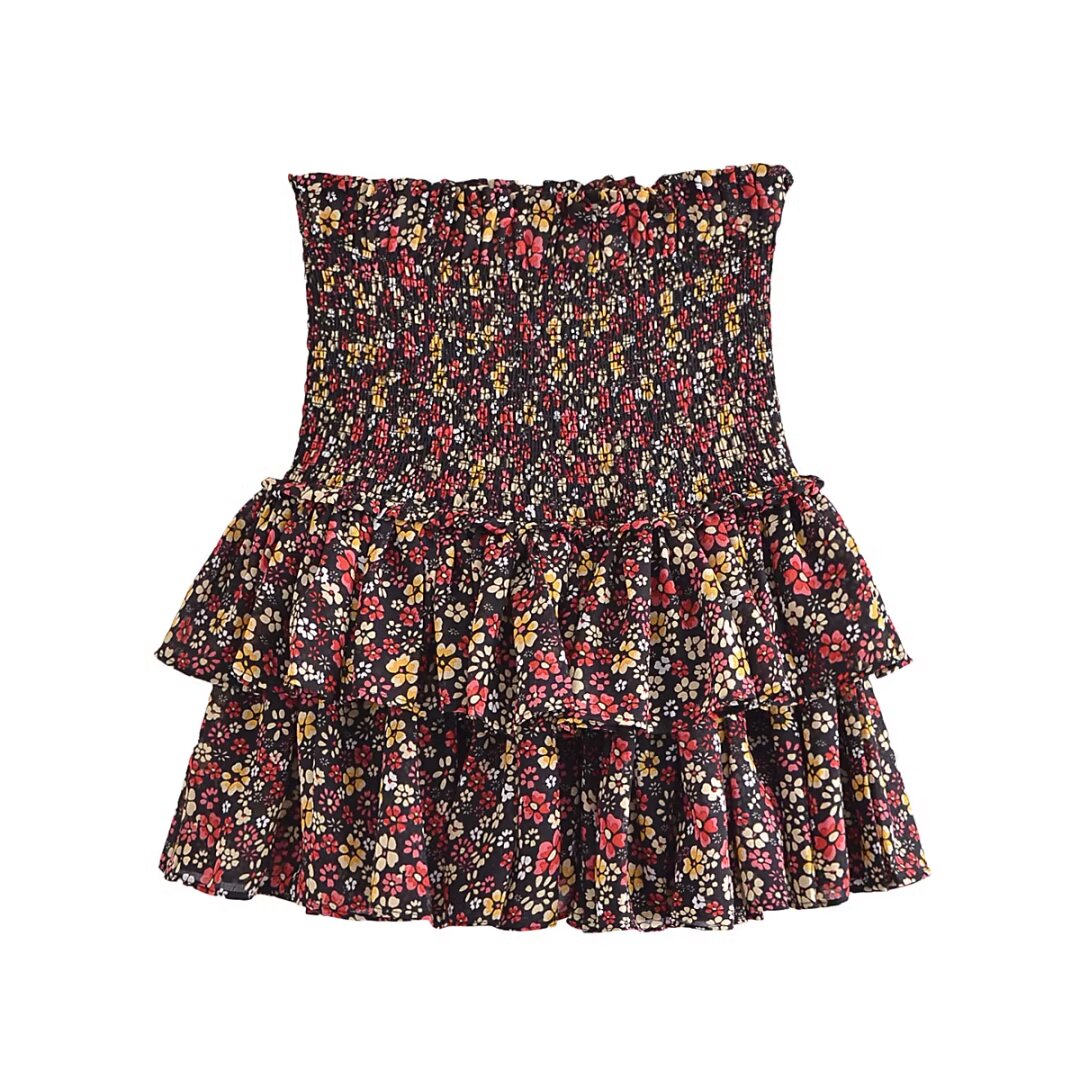 Falda francesa vintage con estampado floral pequeño y cintura elástica escalonada para mujer