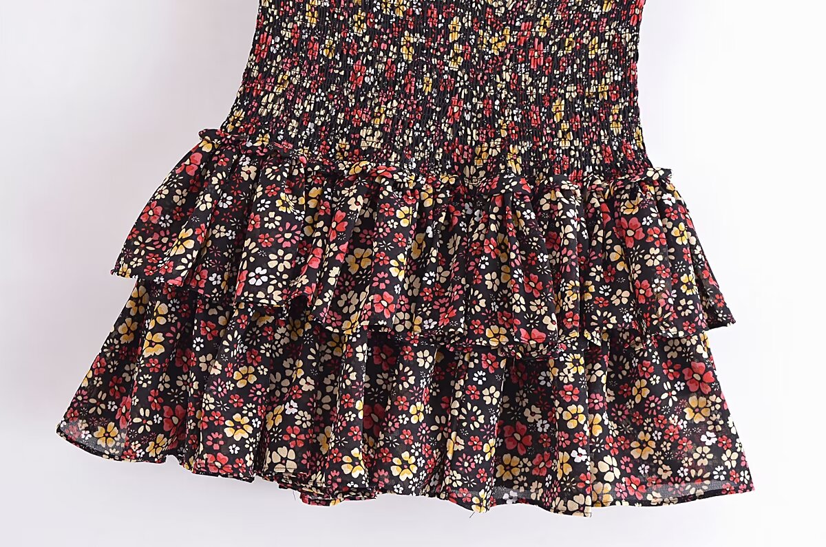 Falda francesa vintage con estampado floral pequeño y cintura elástica escalonada para mujer