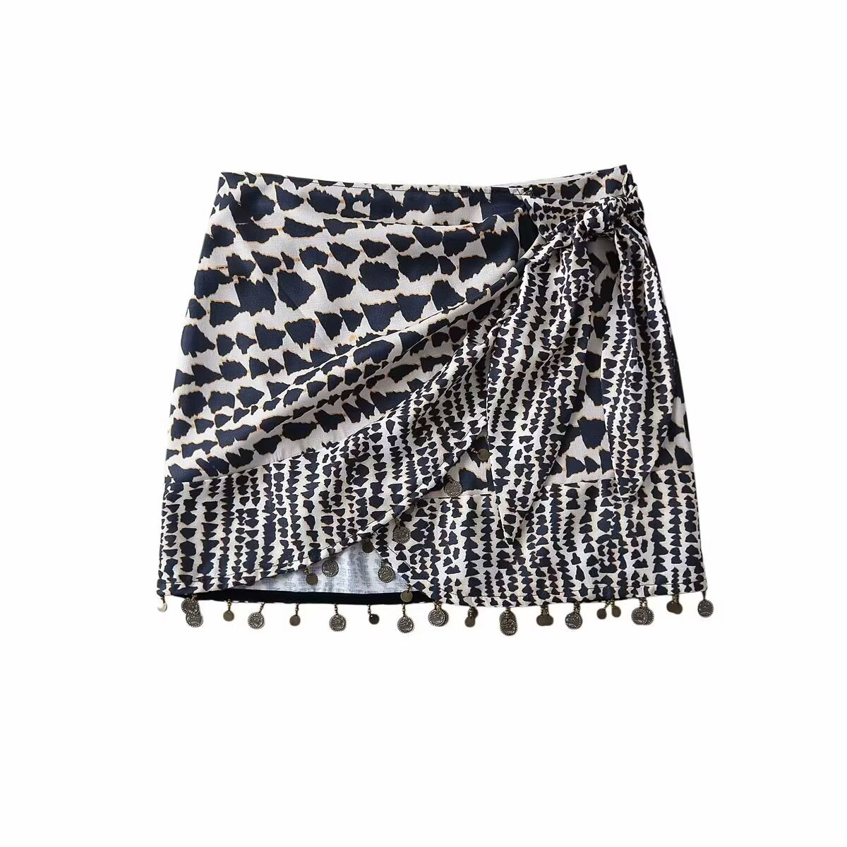 Women Summer Slimming High Waist Stomach Blanket Skirt Asymmetric Beaded Double Breasted Printed