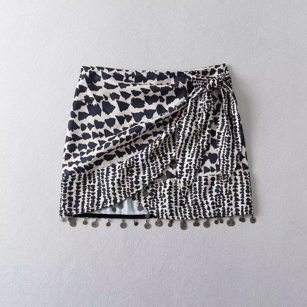 Women Summer Slimming High Waist Stomach Blanket Skirt Asymmetric Beaded Double Breasted Printed