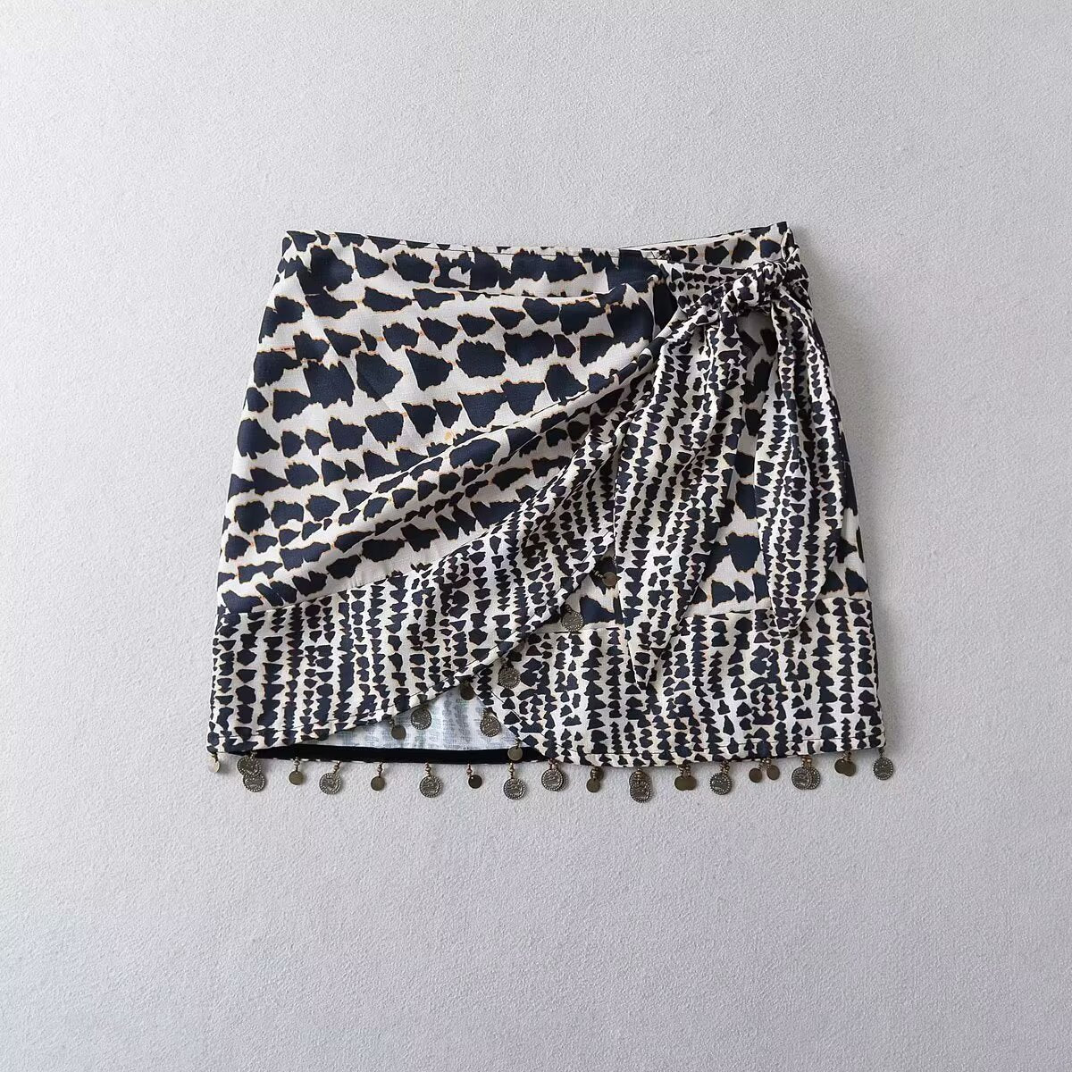 Women Summer Slimming High Waist Stomach Blanket Skirt Asymmetric Beaded Double Breasted Printed