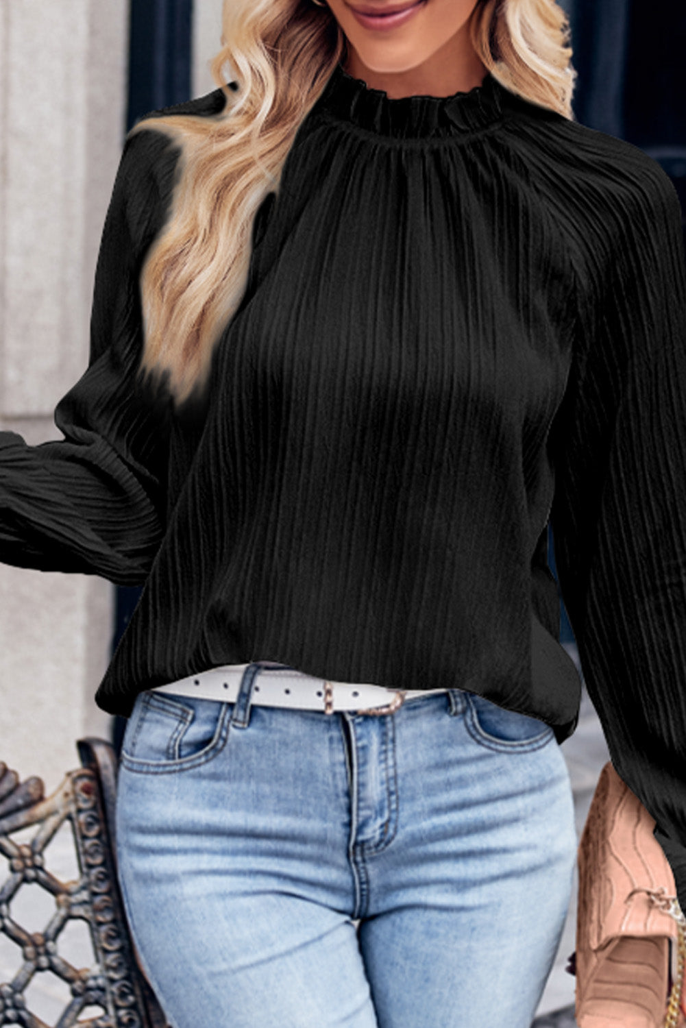 Autumn Stand Collar Chiffon Blouse Women in Pleating Elegant Pullover Women