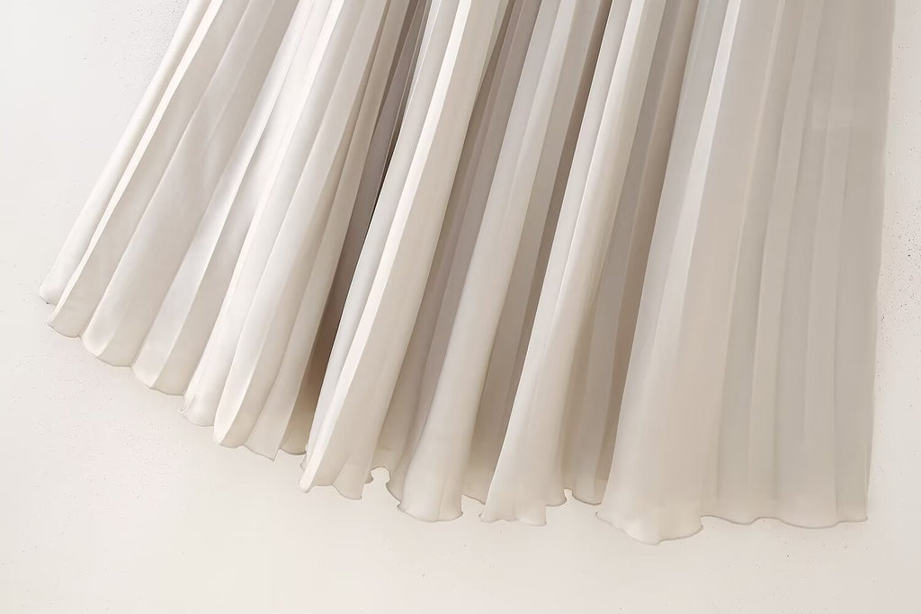 Spring Autumn Women Clothing All Matching Solid Color Silk Satin Texture Pleated Midi Skirt