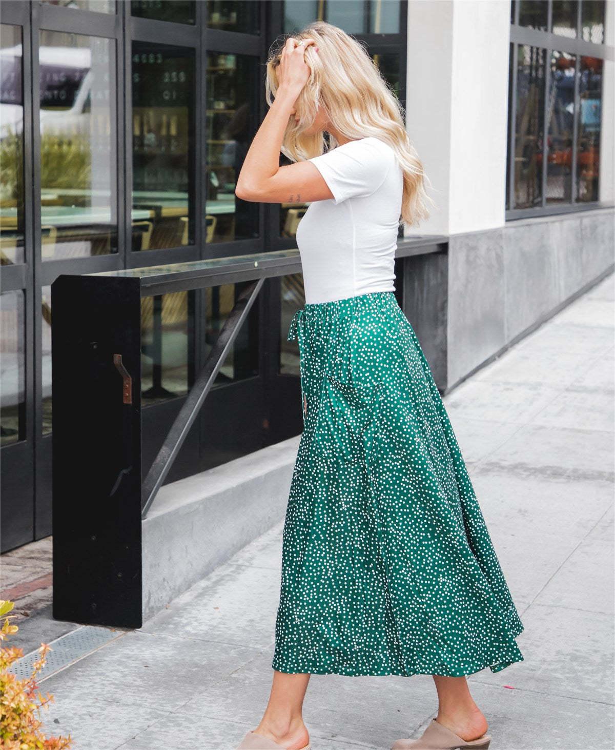 Printed Elastic Summer Polka Dot Side Pocket Casual Skirt