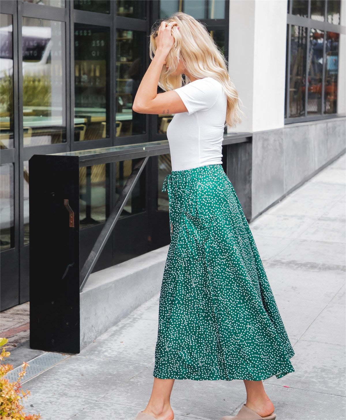 Printed Elastic Summer Polka Dot Side Pocket Casual Skirt