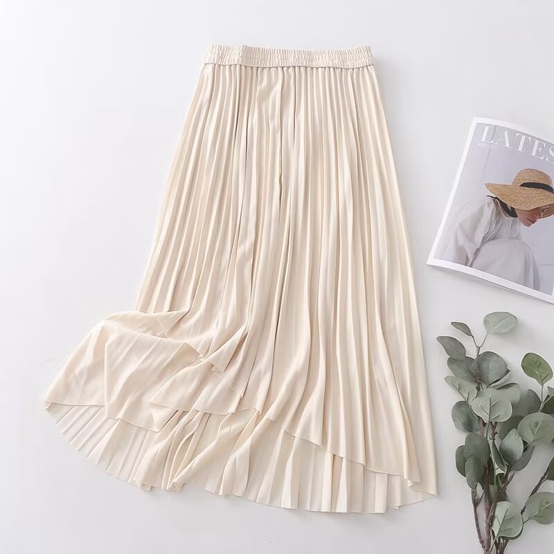 Pleated Skirt Korean Women Clothing Autumn High Waist Elastic Waist Mid Length Skirt