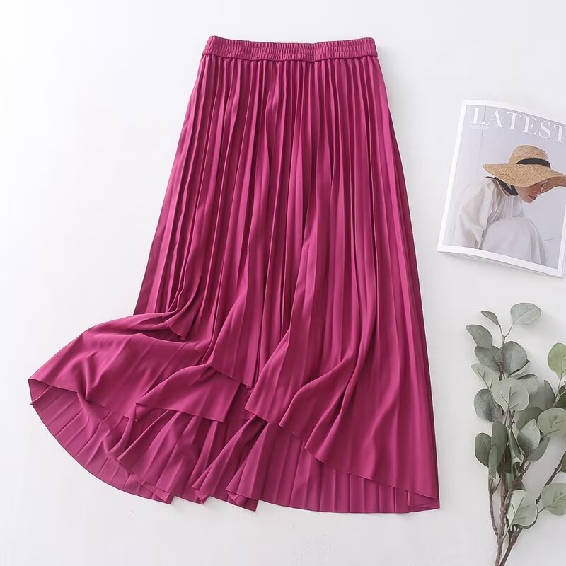 Pleated Skirt Korean Women Clothing Autumn High Waist Elastic Waist Mid Length Skirt