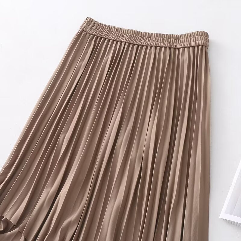Pleated Skirt Korean Women Clothing Autumn High Waist Elastic Waist Mid Length Skirt